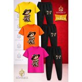 Çocuk Ayıcık Leopar Kurklu Baskılı 3lü Tişort Eşofman Takımı - 9 - 10 Yaş - Pembe - Sarı - Turkuaz