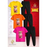 Çocuk Ayıcık Pembe Etek Canta Baskılı 3lü Tişort Eşofman Takımı - 7 - 8 Yaş - Pembe - Sarı - Turkuaz