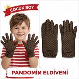 Çocuk Boy Pandomim Eldiveni Beyaz Puantiyeli Kahve Renk Gösteri Eldiveni 23 Nisan 19 Mayıs