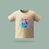 Çocuk Elsa Karlar Kraliçesi Frozen Kristal Su Büyüsü Desenli Baskılı Tişört %100 Pamuk Süprem Kumaş - Krem - 5 - 6 Yaş