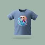 Çocuk Elsa Karlar Kraliçesi Frozen Kristal Su Büyüsü Desenli Baskılı Tişört %100 Pamuk Süprem Kumaş - Mavi - 9 - 10 Yaş