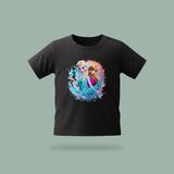 Çocuk Elsa Karlar Kraliçesi Frozen Kristal Su Büyüsü Desenli Baskılı Tişört %100 Pamuk Süprem Kumaş - Siyah - 9 - 10 Yaş