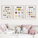 Çocuk Kalbi Atölyesi 3'lı Eğitici Tablo Seti 2, Harfler, Sayılar, Şekiller, Bebek ve Çocuk Odası Tablosu - 30 x 40 - Ahşap