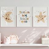 Çocuk Kalbi Atölyesi Dream Big Little One 3'lü Tablo Seti, Sevimli Ay ve Yıldız Bebek ve Çocuk Odası Tablosu - 21 x 30 - Beyaz