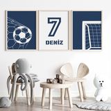Çocuk Kalbi Atölyesi Futbolsever Renkli Erkek Bebek ve Çocuk Odası 3'lü Tablo Isim Seti, Çocuk Odası Tablosu - 21 x 30 - Lacivert