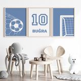 Çocuk Kalbi Atölyesi Futbolsever Renkli Erkek Bebek ve Çocuk Odası 3'lü Tablo Isim Seti, Çocuk Odası Tablosu - 30 x 40 - Mavi