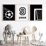 Çocuk Kalbi Atölyesi Futbolsever Renkli Erkek Bebek ve Çocuk Odası 3'lü Tablo Isim Seti, Çocuk Odası Tablosu - 30 x 40 - Siyah