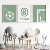 Çocuk Kalbi Atölyesi Futbolsever Renkli Erkek Bebek ve Çocuk Odası 3'lü Tablo Isim Seti, Çocuk Odası Tablosu - 30 x 40 - Yeşil