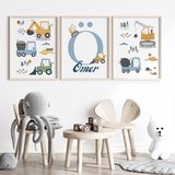 Çocuk Kalbi Atölyesi Iş Makineleri 3'lü Isim Tablo Seti, Bebek ve Çocuk Odası Tablosu, Çocuk Tablosu - 30 x 40 - Ahşap