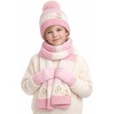Çocuk Kış Seti, Pembe ve Beyaz, Ponponlu Bere, Atkı ve Eldiven, 3 Parça, Örgü Desenli