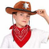 Çocuk Kovboy Şapka Rozetli Kahverengi &amp; Kırmızı Bandana Fular Seti
