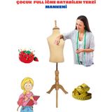 Çocuk Krem Kumaşlı Doğal Ahşap Ayaklı 2 Yaş Terzi Mankeni Prova Mankeni Vitrin Mankeni