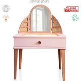 Çocuk Makyaj Masası LED Işıklı Ahşap Tabureli Pembe