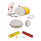 Çocuk Müzik Zamanı 3 Lü Set - Ahşap Deri Davul, Ahşap Mızıka, Ahşap El Tefi