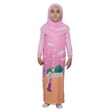 Çocuk Namaz Takımı Pratik Tek Parça Desenli Kollu Tak Çıkar Başörtülü Likralı Tesettür Elbise (6-12 Yaş) 925-0301, Pembe, 8