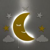 Çocuk Odası Dekoratif Ahşap Ay Dede Gece Lambası Ledli Aydınlatma Seti