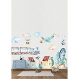 Çocuk Odası Duvar Sticker Seti Uçak Tren ve Tatlı Evler - 100 x 200 cm - Renkli