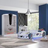 Çocuk Odası - Jaguar Rüzgarlıklı Arabalı Yatak, Sports 3 Kapılı Dolap, Masa - Beyaz