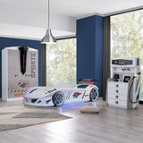 Çocuk Odası - Jaguar Rüzgarlıklı Arabalı Yatak, Sports 3 Kapılı Dolap, Şifonyer - Beyaz - Renkli