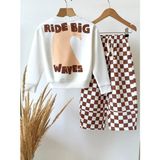Çocuk Ride Big Waves Baskılı Sweatshirt Kahverengi Ekose Bol Paça Pantolon 2’li Takım - 4 Yaş - Krem