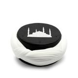 Çocuk - Sarıkhane Cami Sarığı - Beyaz Kumaş - Siyah Takke - Çapraz Sarım - Cami Nakışlı - 6 metre