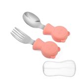Çocuk Silikon Saplı Paslanmaz Çelik Uçlu Çatal Ve Kaşık (304), Saklama Kutusu (Pembe)