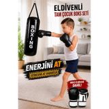Çocuk Siyah Boks Seti 53 x 20 CM Boks Torbası + Boks Eldiveni Siyah
