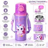 Çocuk Suluk/ Matara 500 ml Unicorn Figürlü Omuz Askılı Metal Suluk Pipetli