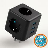 Çocuk Termal Kısa Devre Akım Korumalı 3 Prizli 2 USB + 1 Type-C Topraklı Golyat Grup Şarj Fiş Priz - Siyah