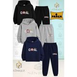 Çocuk Unısex Goal Lekelı Yazı Top 3'lü Kapşonlu Eşofman Takımı - 12 Yaş - Siyah - Gri - Lacivert