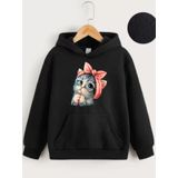 Çocuk Unisex Kapüşonlu Tatlı Kedi Baskılı Sweatshirt - Siyah