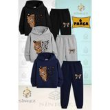 Çocuk Unısex Leopar Unısex Kafa Buyuk 3'lü Kapşonlu Eşofman Takımı - 5 Yaş - Siyah - Gri - Lacivert