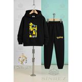 Çocuk Unısex Pıkhacu Cantalı Sarı Fon Kapşonlu Eşofman Takımı - XS - S - Siyah