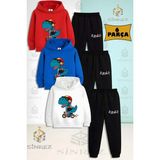 Çocuk Unısex Rawr Dıno Motorlu 3lü Kapşonlu Eşofman Takımı - 5 Yaş - Beyaz - Mavi - Kırmızı