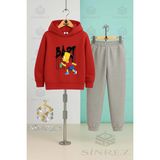 Çocuk Unısex Sımson Bart Kapşonlu Eşofman Takımı - XS - S - Kırmızı - Gri