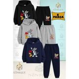 Çocuk Unısex Tom ve Jerry Elınde Peynır 3lu Kapşonlu Eşofman Takımı - 3 Yaş - Siyah - Gri - Lacivert
