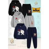 Çocuk Unısex Tom ve Jerry Kopeklı 3lu Kapşonlu Eşofman Takımı - 3 Yaş - Siyah - Gri - Lacivert