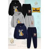 Çocuk Unısex Tom ve Jerry Sandvıc Yıyen 3lu Kapşonlu Eşofman Takımı - 10 Yaş - Siyah - Gri - Lacivert