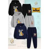Çocuk Unısex Tom ve Jerry Sandvıc Yıyen 3lu Kapşonlu Eşofman Takımı - 2 Yaş - Siyah - Gri - Lacivert