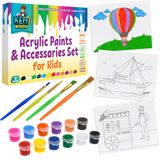 Çocuklar için Akrilik Boya Seti - 19 Parça Çocuk Akrilik Boya Seti 12 toksik olmayan Akrilik Boya kabı, 3 önceden tasarlanmış tuval, 4 boya fırçası Ultimate Kids Art Boya seti El İşi Malzemeleri Seti KEFF Creations tarafından