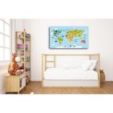 Çocuklar Için Hayvanlı Kanvas Dünya Haritası - Dayanıklı ve Solmaz Çocuk Odası Dekor 110X60CM - Açık Mavi