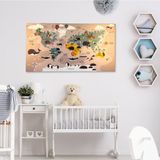Çocuklar Için Hayvanlı Kanvas Dünya Haritası - Dayanıklı ve Solmaz Çocuk Odası Dekor 70X45CM - Krem