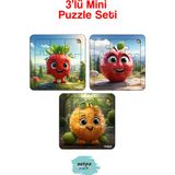 Çocuklar Için Sevimli Meyveler Ahşap Renkli Yapboz 13X13 Ebadında Puzzle 9 Parça 3'lü Set 312