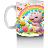 Çocuklara Sütü Sevdiren Gökkuşağı Şekerli Neşeli Dinozor Desenli Kupa Bardak - Renkli - 300 ml
