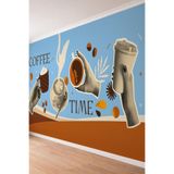 Coffee Time Yazılı Kahve Bardakları Cafe Temalı Tekstil Duvar Kağıdı, 100 x 100
