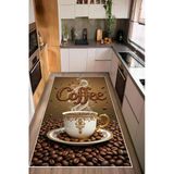 Coffee Yazılı Baskılı Kaymaz Yıkanabilir Mutfak Halısı Kahve Köşesi Halısı Yolluk 80 X 400 Cm Kahverengi