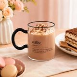 Coffee Yazılı Cam Kupa, Siyah Kulplu Şeffaf Kahve Bardağı, Çay Latte ve Sıcak Soğuk İçecekler İçin Modern Cam Bardak