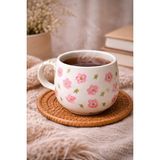 Cogo Ceramic El Yapımı Seramik Çiçek Desenli Vintage Kahve Fincanı - 250 ml (Handmade) - Beyaz- Renkli