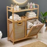 Çok Amaçlı Bambu Banyo Dolabı Düzenleyici Raf Ve Çift Bölmeli Kirli Çamaşır Sepeti