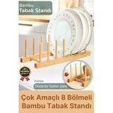 Çok Amaçlı Düzenleyici Bulaşıklık Plak Tabak Kitap Mutfak Organizer 8 Bölmeli Bambu Tabak Standı
